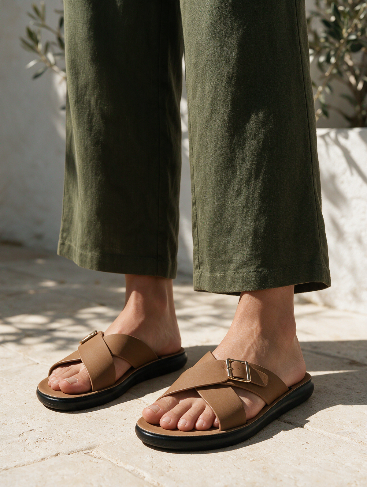 Women Cross Buckle Slides