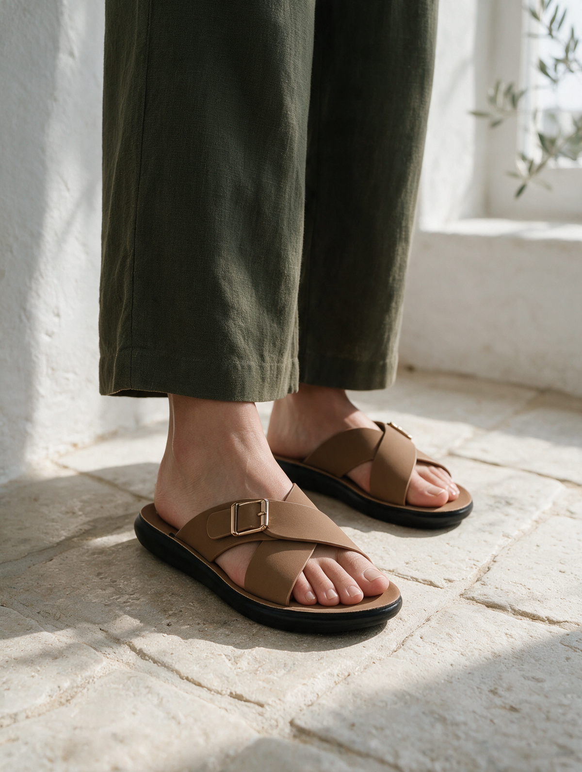 Women Cross Buckle Slides