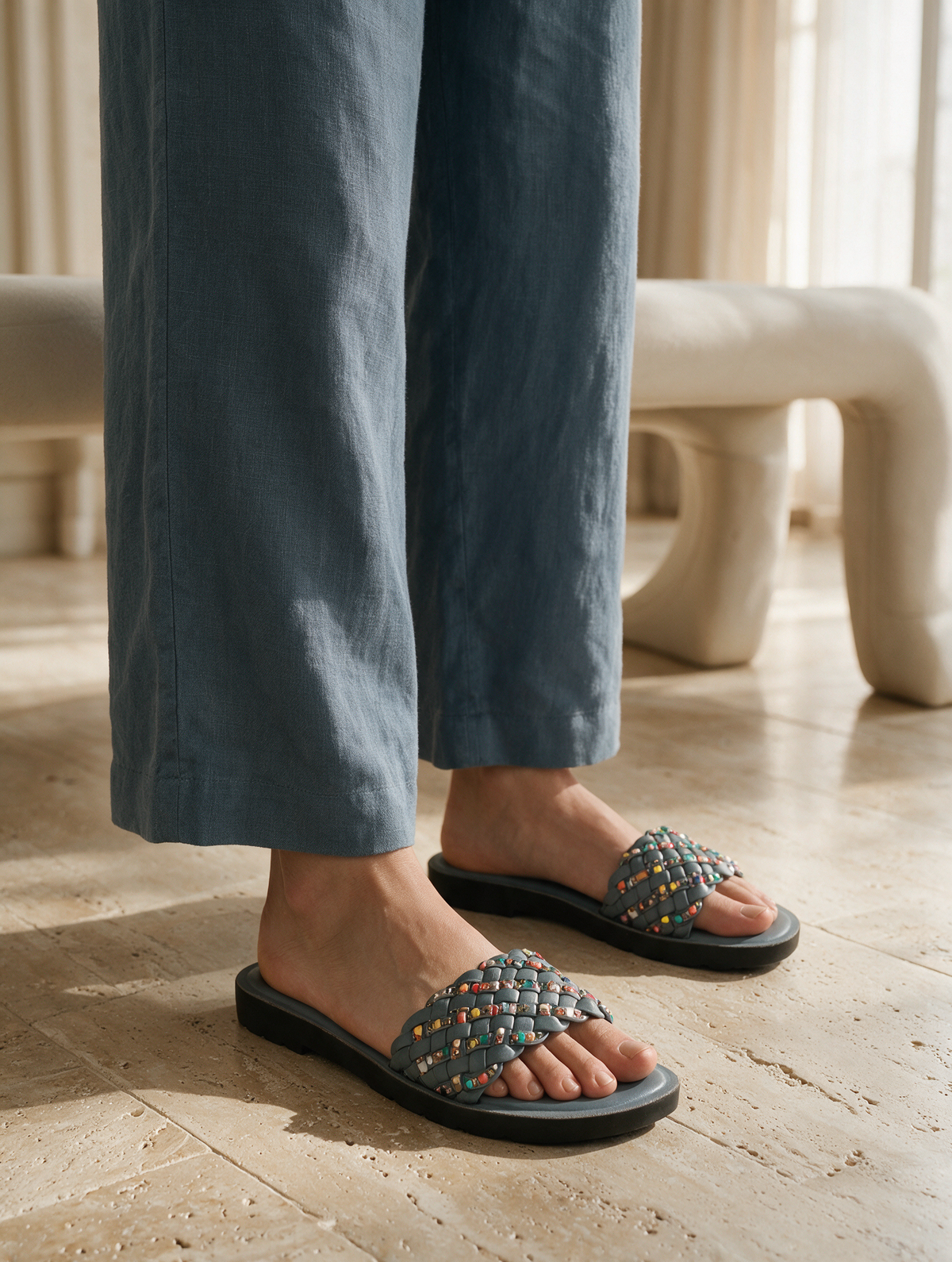 Braided Strap Casual Slides - Grey