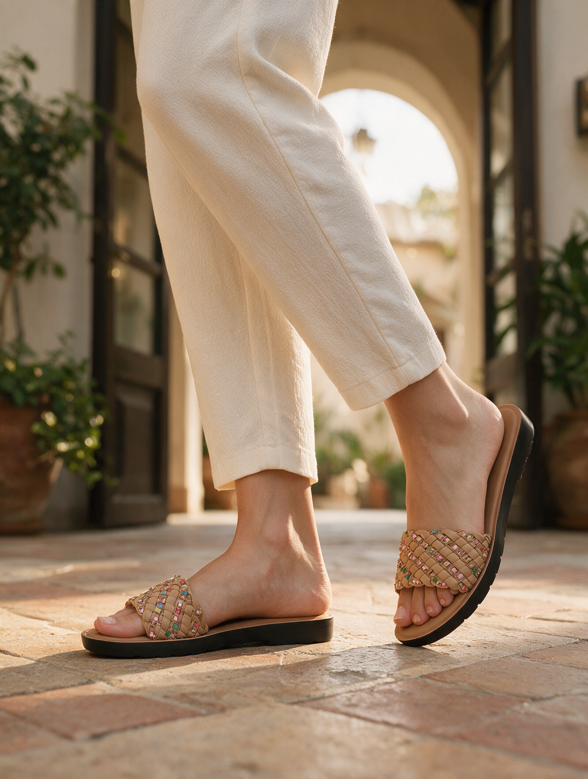 Braided Strap Casual Slides - Beige