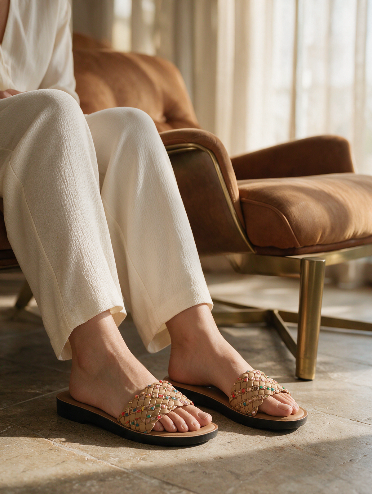 Braided Strap Casual Slides - Beige