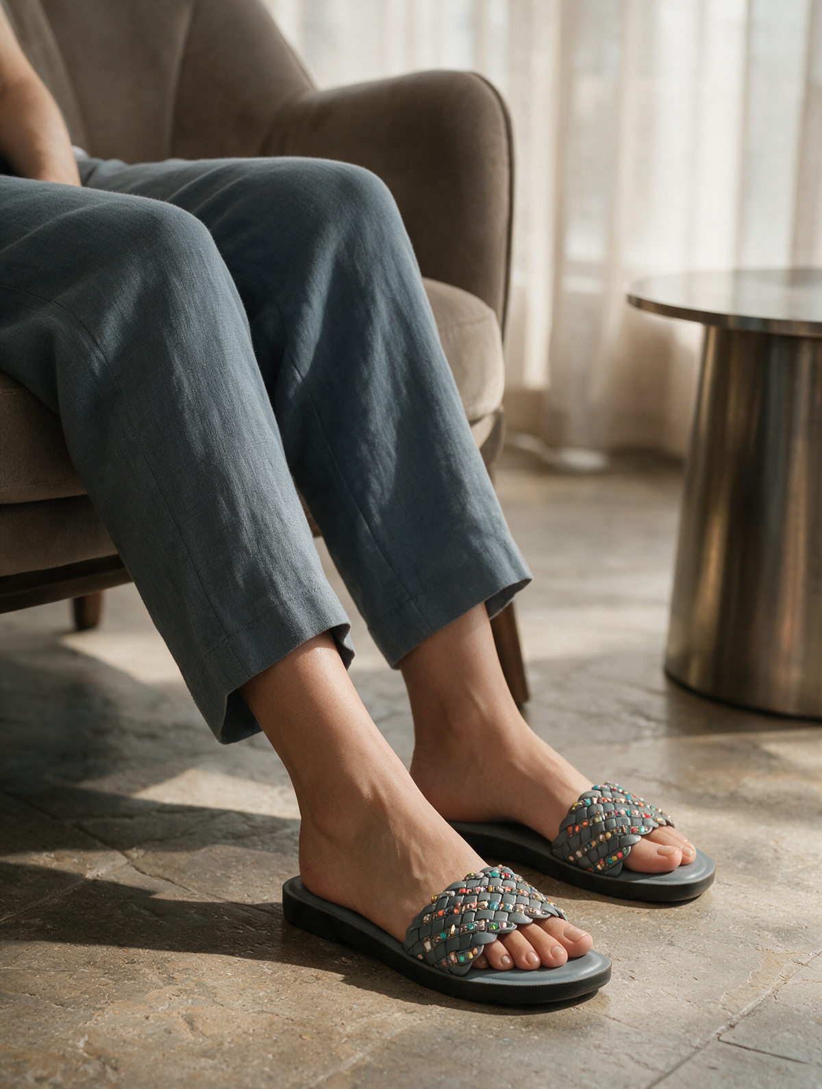 Braided Strap Casual Slides - Grey