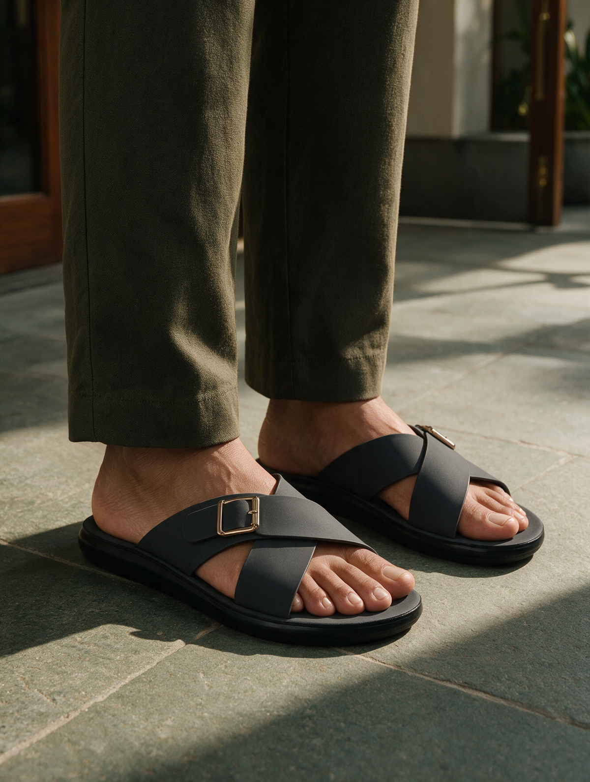 Women Cross Buckle Slides