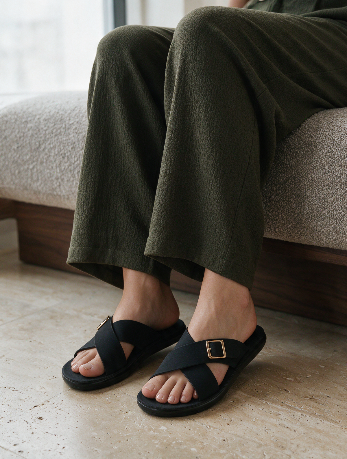 Women Cross Buckle Slides