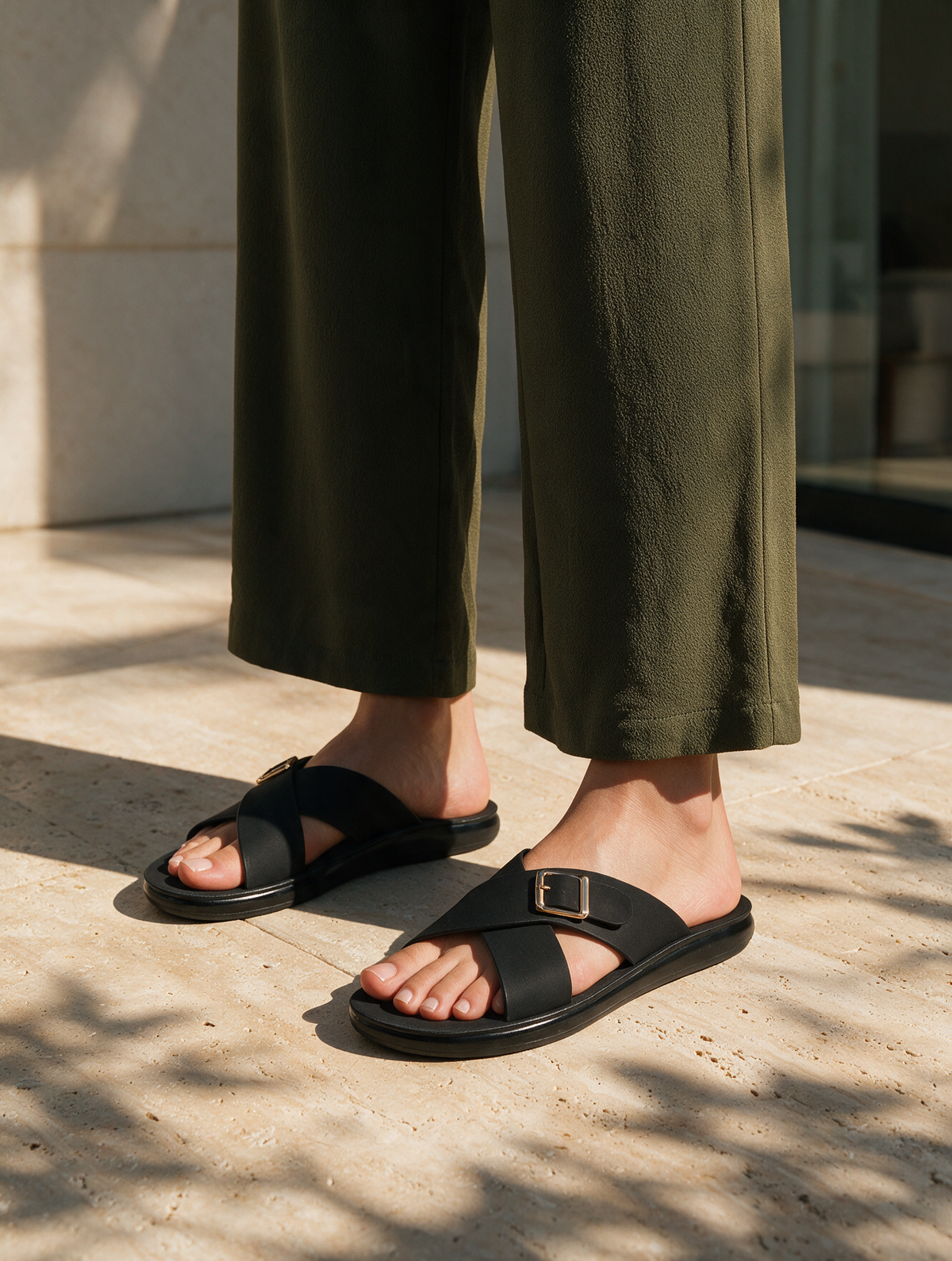 Women Cross Buckle Slides